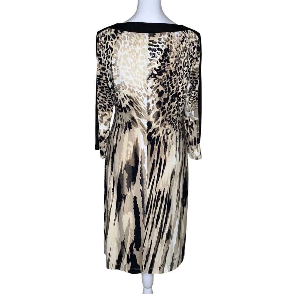 Chico's Animal Print Colorblock Midi Dress S Ruched Stretch Office Casual Travel